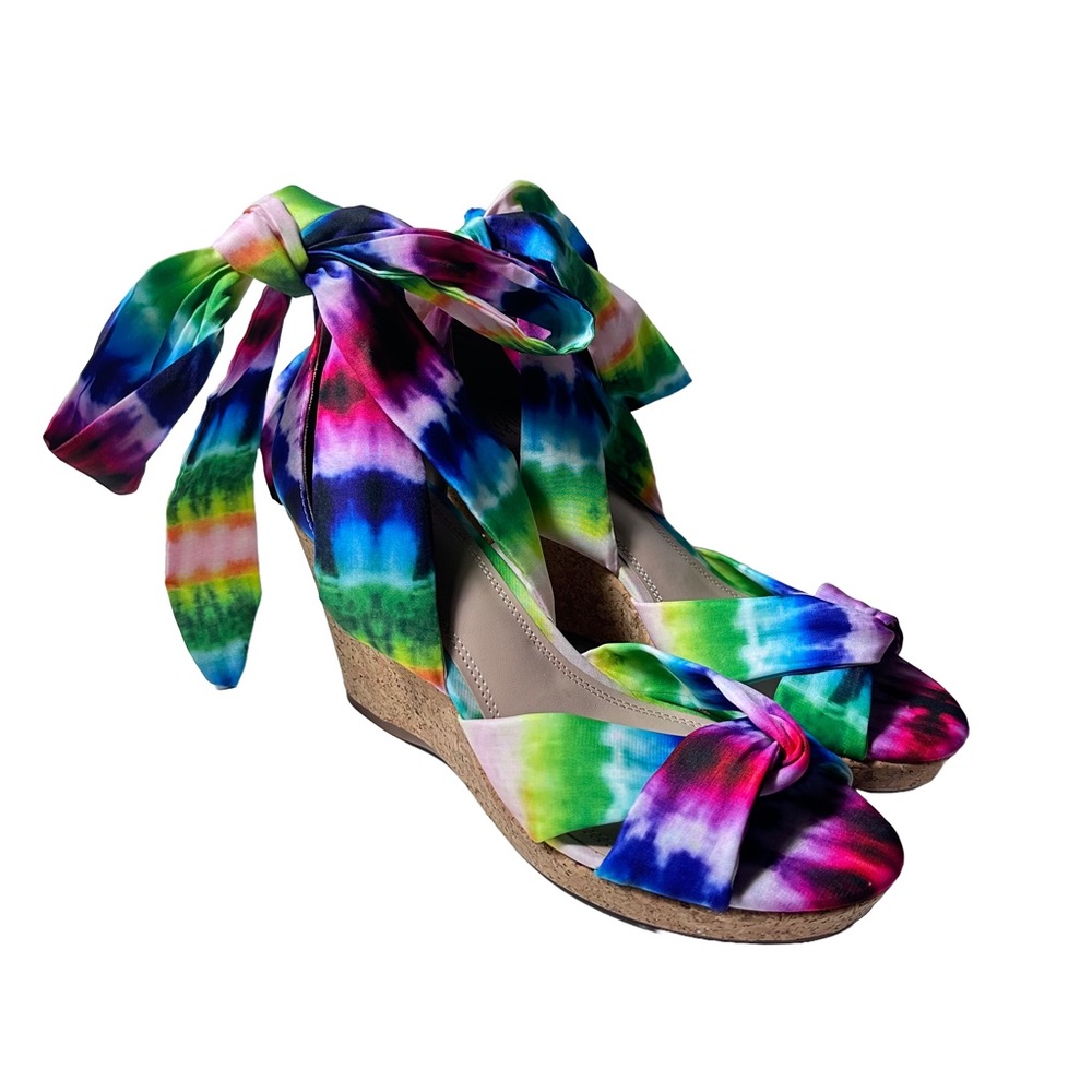 Impo Olitha Cork Wedge Sandal Rainbow Tie Dye Ankle Tie Open Toe Memory Foam 8.5